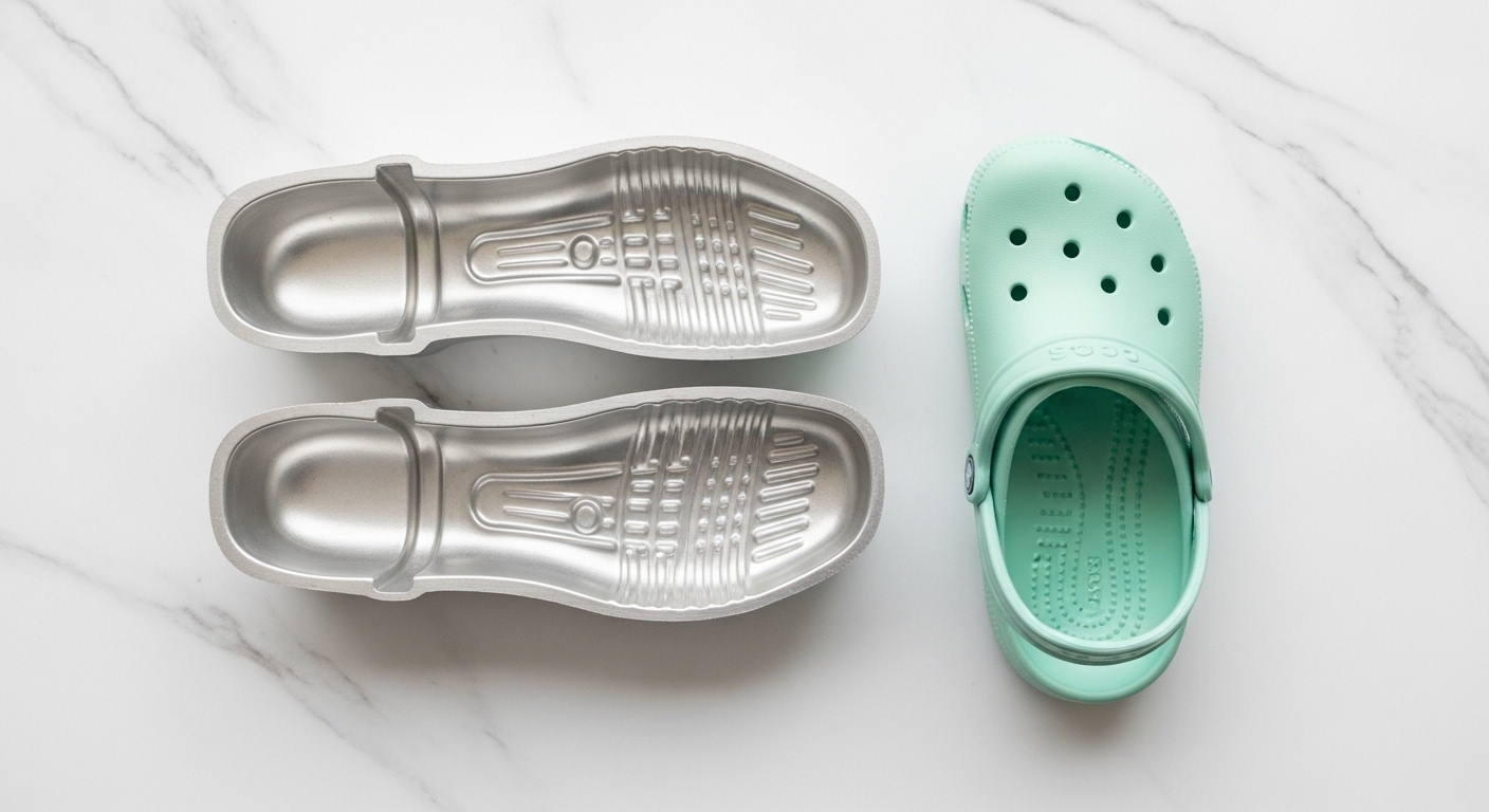 Aluminium mould and mint croc shoe flat lay on marble
