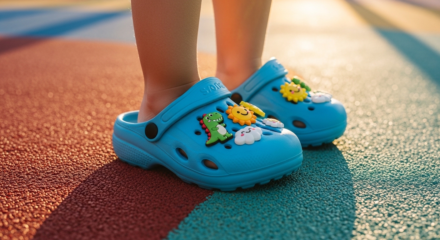 Toddler wearing blue clogs on playground