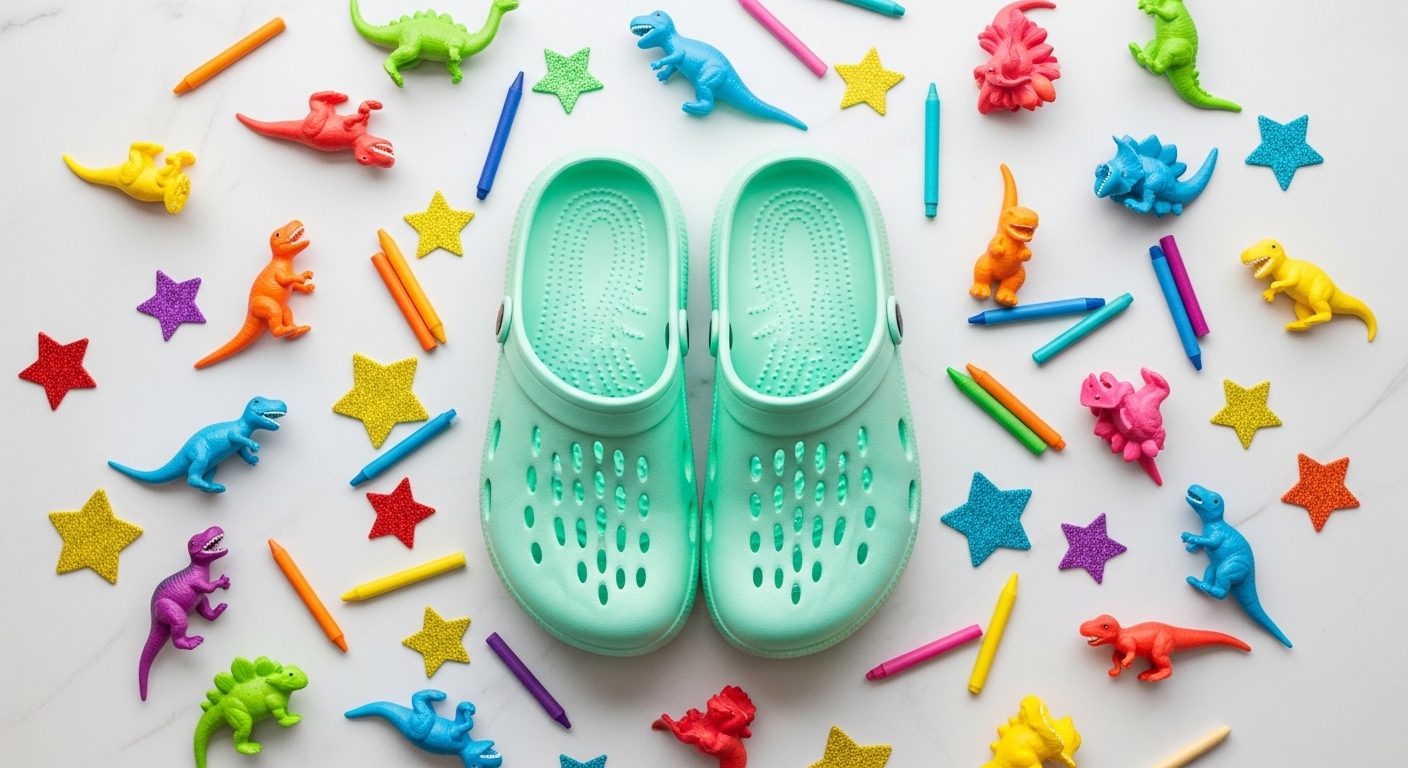 Mint kids clogs flat lay with toys and crayons