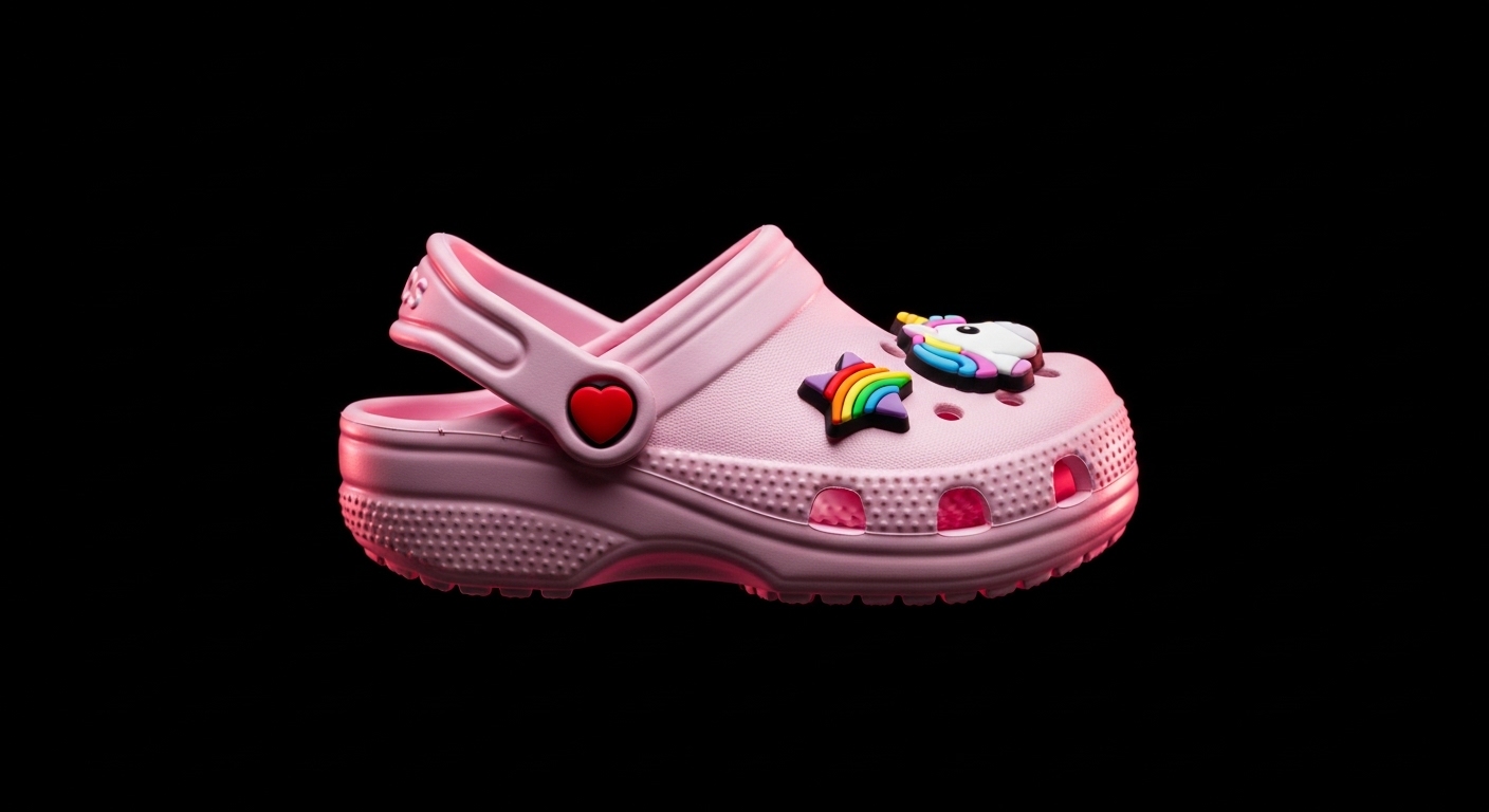 Pink kids clog with unicorn charms on dark background