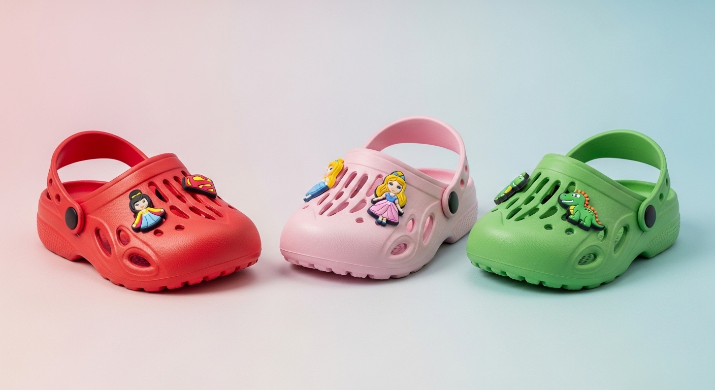Three character themed kids clogs - red pink green