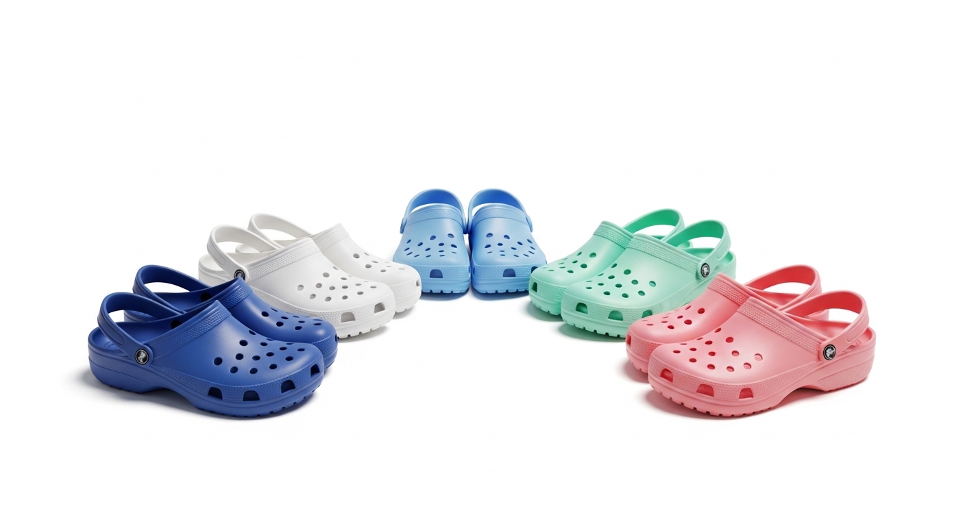 Five pairs of crocs arranged in hemisphere