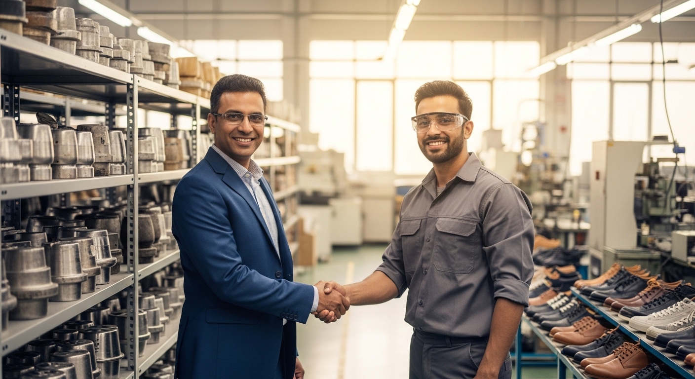 Business handshake in mould factory