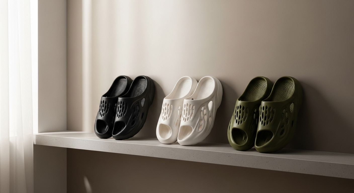 Three clogs on minimalist shelf